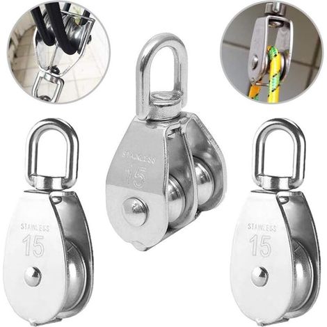 Kit de 3 poulies en acier inox   Poulie ble M15 et 2 poulies simples   Charge max 35 kg   Rotation 2360° pour levage et traction (1/4)