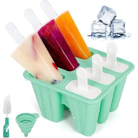 Moule à Glace, Popsicle Mold avec Brosses Et Entonnoirs Pliants, Moule Glaces Silicone Réutilisables, Sans BPA, pour Popsicles, Crèmes Glacées (Vert, 6 Cavités) (1/5)