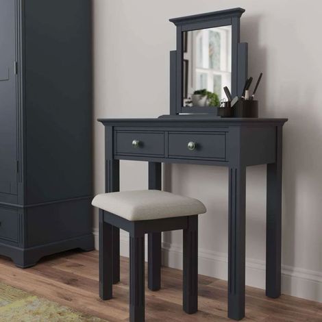 Coiffeuse 80x40x80 cm et tabouret en chêne gris ardoise - LUNEA