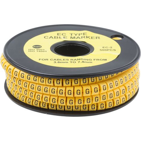 Repère câble , Ø câble 3.6  7.4mm, texte : G, Noir sur Jaune ( Prix pour Bobine de 500 )