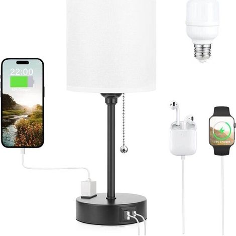 Lampes de table 3 températures de couleur - 2700K 3500K 5000K Lampes de chevet avec ports USB C et A, lampes à chaînette pour chambres à coucher avec prise secteur, lampes de chevet avec base en métal (1/5)