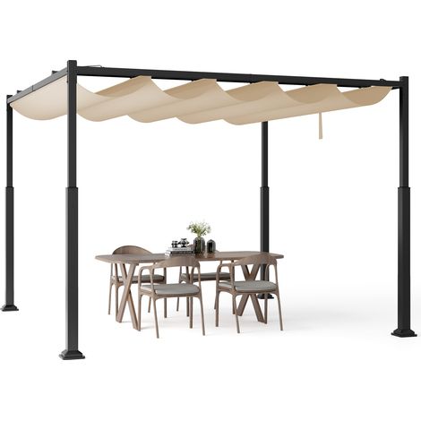Pergola d'Extérieur 310 x 310 CM avec Auvent Rétractable, Abri Colonnes Métalliques Robustes Pavillon Moderne Pare-Soleil, pour Jardin Patio, Beige (1/5)