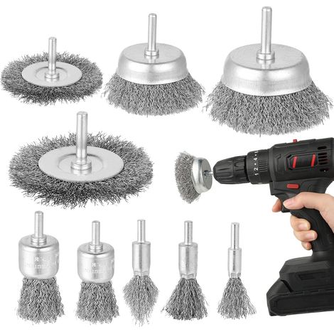 Lot de 9 Brosses Métalliques pour Perceuse - 6 mm (1/4 Pouce) Brosse Métallique, Visseuse Perceuse, pour Nettoyage du Bois, Ébavurer, Déruster, Décaper et Polir (1/5)