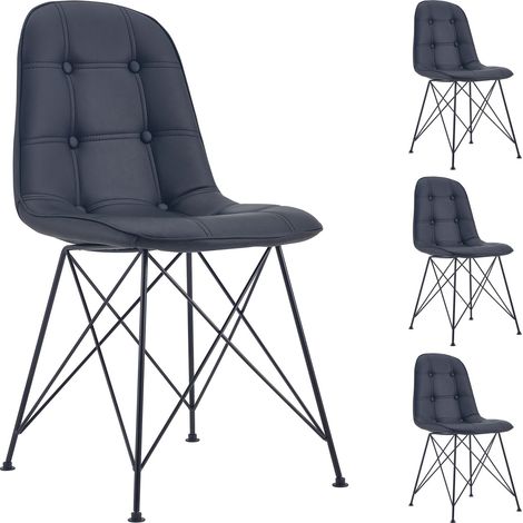 Idimex – Lot de 4 chaises en synthétique noir – Assise rembourrée – Dossier décoré – Hauteur d'assise 47 cm – Pieds en métal laqué noir (1/5)