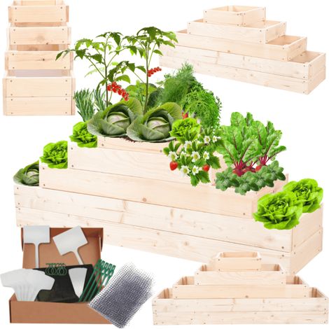 MODO24 ZP09 Carré potager surélevé en escalier modulable, bois de pin, herbes/légumes, jardin/terrasse/balcon, 45x117x30 cm, naturel