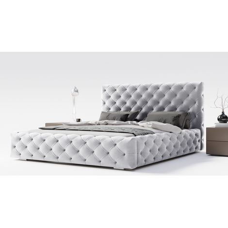 Emporius Lit rembourré 180x200 cm Paris - Chesterfield en velours avec rangement, Gris clair (1/4)