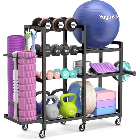 Support d'haltères multifonction à 7 niveaux - Rangement pour haltères, kettlebells, bloc de yoga - Avec roues et crochets - Pour la maison, le studio de yoga, la salle de sport, le garage (1/5)