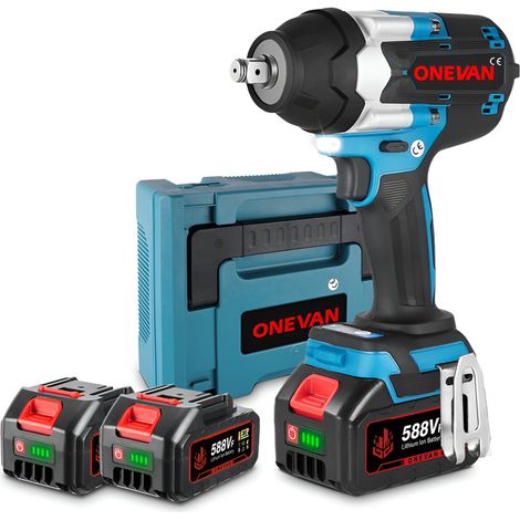 ONEVAN Clé à Chocs sans fil Brushless 1800 Nm,3 vitesses,1/2 " Boulonneuse a Choc avec 2x588VF Batterie - coffret de transport - bleu (1/5)