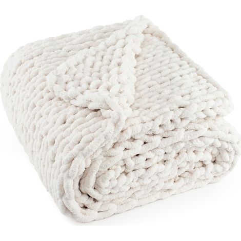 CCYKXA Thick, hand-knitted blanket with soft chenille yarn, 2 kg – Large rope knot for sofa, bed, home decor, 127 x 152.4 cm – Cream white (1/5)