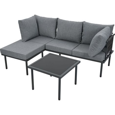 Ensemble de meubles de jardin d’angle, canapé + table basse + repose-pieds, tube en acier galvanisé, plateau en verre, adapté aux jardins, piscines et autres espaces extérieurs, gris + noir (1/5)