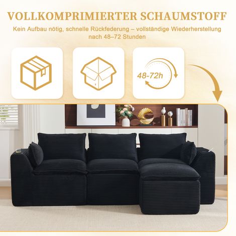 Canapé convertible 3 places noir velours côtelé avec méridienne, coussins, supports de verres et 2 rangements latéraux. Mousse et ressorts intégrés, parfait pour salon ou pièce de vie. (1/5)