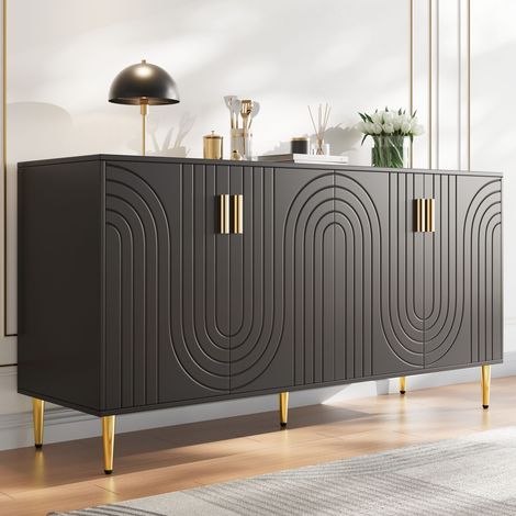 Credenza con 2 Ante e 4 Vani, Dispositivo Antiribaltamento, Frontale Ondulato, MDF, 152 x 40 x 75 cm, Nero (1/5)