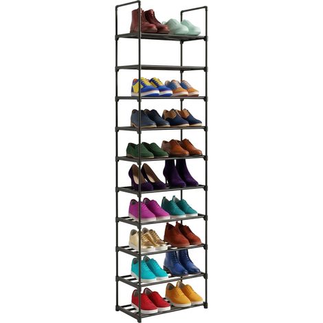 Relaxdays Scaffale per scarpe, 10 ripiani, sistema a incastro, A x L x P: 174x45x30 cm, metallo, salvaspazio, nero