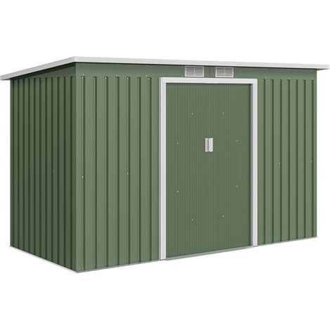 3,6 m² Gartenhaus mit verzinktem Stahlfundament, hellgrünem Geräteschuppen, Schiebetüren für die Lagerung im Freien.