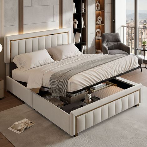 Lit coffre 160x200 cm avec sommier, lit double capitonné avec rangement et tete de lit, lit hydraulique avec à lattes lits, pour adultes et ado,velours, beige (1/5)