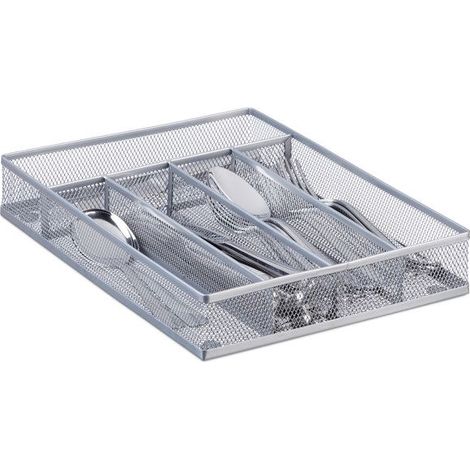 (Silber) Relaxdays Besteckkasten aus Metallgewebe, Besteckbox aus Stahl, Besteckablage, H x B x T: 5 x 23,5 x 31,7 cm, Silber