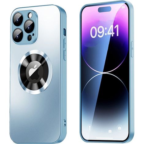 Magnetic cover iphone 15 pro max con proteccion de lente y vista del logo - azul
