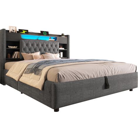CHICFURN Cama tapizada 180x200 cm con canapé abatible hidráulico, LED ambiental, cabecero con estante, carga USB y USB-C, tela gris, sin colchón (1/5)