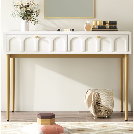 Toeletta Cassettiera 100x45x76,5 cm Crema-Bianca – 2 Cassetti Curvi, Piedi Metallici, Stile Classico (1/5)