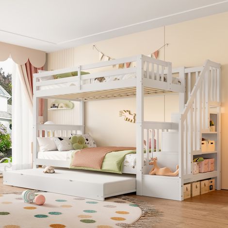 DESVIAE Lit superposé 90 x 200 cm avec lit gigogne escaliers rangement barrières hautes blanc pin et MDF (1/5)