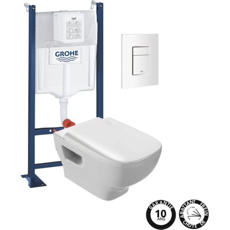 WC suspendu sans bride Jacob Delafon Struktura + abattant + Bâti support + Even Plaque de commande WC carré blanc (1/5)