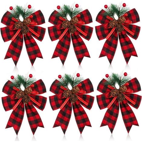 Lot de 6 nœuds de Noël avec Pommes pin, Aiguilles pin, nœuds Rouges en Velours Noël, décoration Couronne d'arbre pour intérieur et extérieur, Artisanat, décoration Bricolage (1/5)