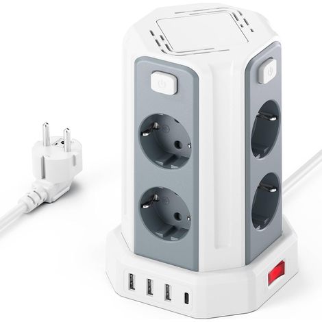 Multiprise avec Interrupteur, 12 en 1 Prise Multiple 8 Sorties AC avec 3 USB, Parafoudre et Surtension avec Rallonge Electrique 2M, Tour Multiprise pour Maison, Bureau Blanc (1/5)