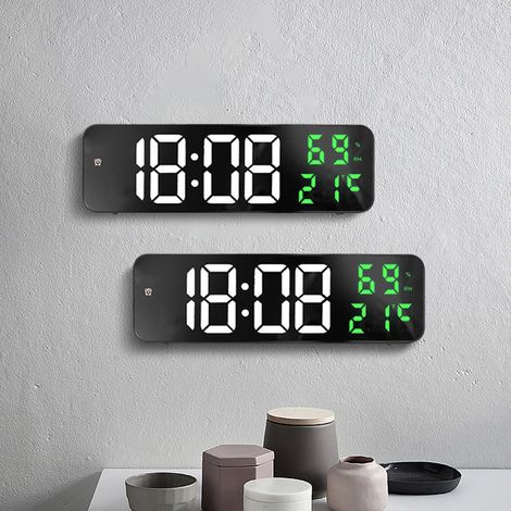 Réveil électronique avec grand écran miroir, socle LED numérique, horloge murale, version à brancher, boîtier noir, blanc et vert. (1/5)