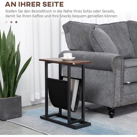 Table d'appoint étroite, table de chevet fine, avec poche en tissu, acier marron foncé et noir, 49 x 19 x 55 cm (1/5)