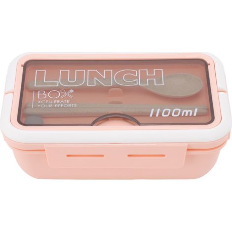 Boîte à lunch compartimentée à 2 compartiments, 1100 ml, rose, idéale pour adultes. Comprend une cuillère et des baguettes. Parfaite pour le bureau ou l'école. (1/5)