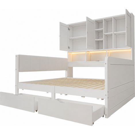 Lit enfant 140 x 200 cm en MDF blanc avec rangements, LED, ports USB et tête de lit PU - MODENUIT (1/5)