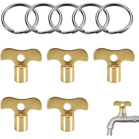 Lot de 5 clés de Robinet pour radiateur 6 mm et 7 mm avec 5 Anneaux Porte-clés, Outil Multifonction en métal plaqué Laiton pour Valve, Salle de Bain, Cuisine, Jardin (1/5)