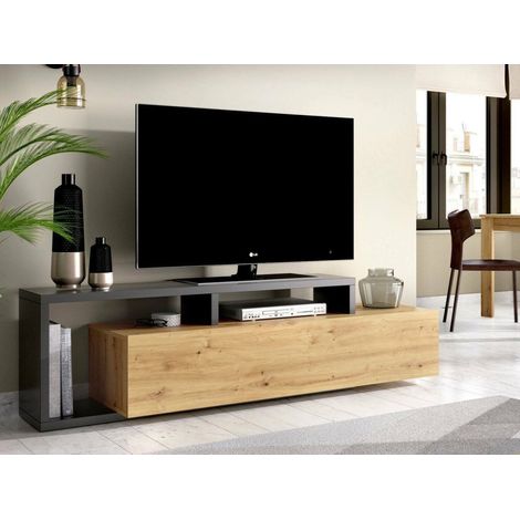 Dmora - Mobile porta TV Maiella, Credenza bassa da soggiorno, Madia da salotto per televisione, 165x40h47 cm, Rovere Nodi e Antracite, con imballo rinforzato (1/5)