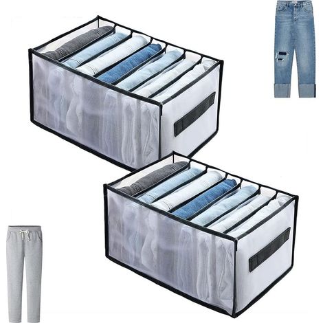 2 Pcs Jeans Organisateur de Tiroir avec Poignée et Compartiments, Boite a Rangement Pantalon d'Armoire Pliable en Maille Grande Capacité pour Séparateurs de Placard Penderie (1/5)