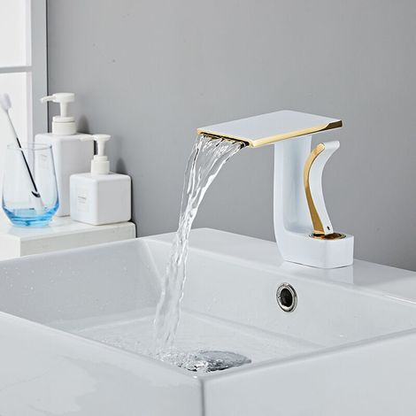 Waterfall bathroom faucet, single brass handle, hot and cold water sink faucet, white gold