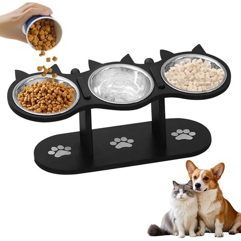 3-teiliger Katzennapf aus Edelstahl + höhenverstellbarer Holzständer, ergonomisch für kleine Hunde