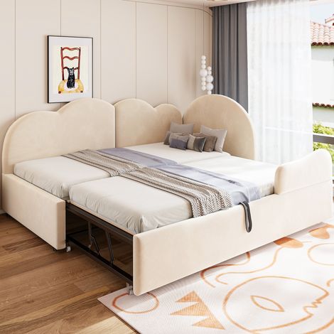 Canapé-lit en L 90 x 200 + 90 x 190 cm, tête de lit en forme de nuage, velours beige OKMYHOME (1/5)