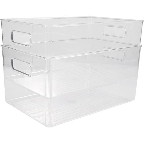 Lot de 2 bacs de rangement en plastique avec poignées pour placard de cuisine, réfrigérateur ou congélateur, pour aliments ou livres - Organisateur pour collations (1/5)