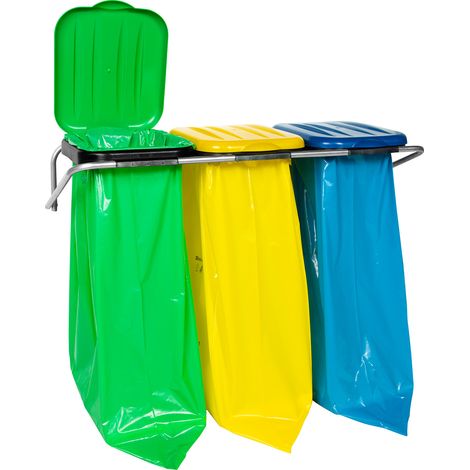 Contenitore per la raccolta differenziata a parete, disponibile in 3 colori e compatibile con sacchi da 120 litri.