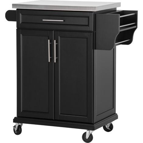 Wooden Kitchen Islon Wheels, Serving Cart Storage Trolley with Stainless Steel Top, Drawer, Side Handle Rack, Black (1/5)