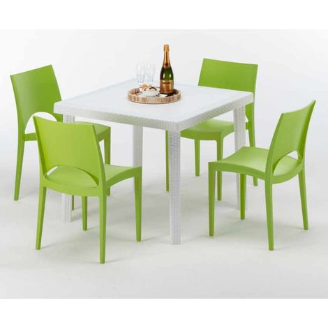 Tavolino Quadrato Bianco 90x90 cm con 4 Sedie Colorate Paris Love - Verde 2