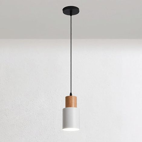 Mini lampe de chevet suspendue, suspension en bois avec abat-jour cylindrique, suspension tubulaire en métal, douille E27 - Blanc (1/4)
