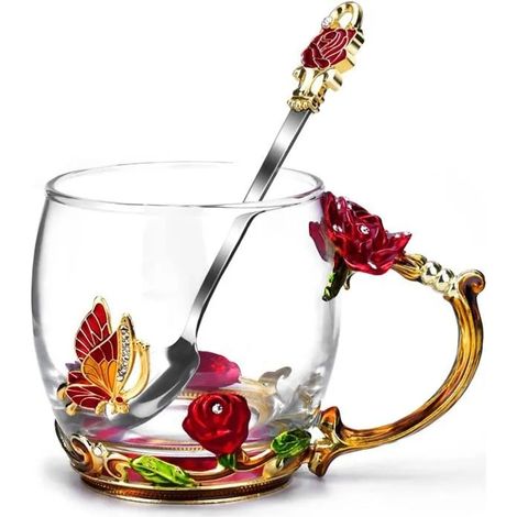 Tasse à Thé Avec Cuillère, 330ml Verre Rose Papillon émail, Cadeau pour Femme, Maman pour Anniversaires et La Fête des Mères (1/4)