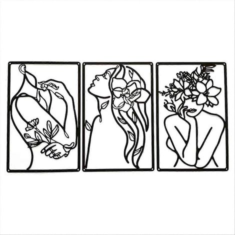 Ensemble de 3 tableaux minimalistes en métal représentant une femme (dessin au trait) - Décoration murale (1/5)