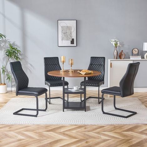Table et Chaises de Salle à Manger 107 cm rangement double table ronde chaises noires motif losange MDF métal style industriel (1/5)
