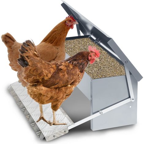SWANEW Mangiatoia automatica per polli 5KG – Distributore in acciaio zincato con pedale di apertura automatica e coperchio impermeabile per pollame (1/5)