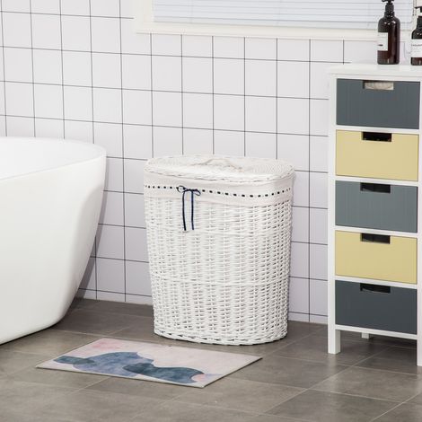 Panier à Linge en Osier avec Couvercle et Sac Intérieur en Tissu Lavable, Blanc (1/5)