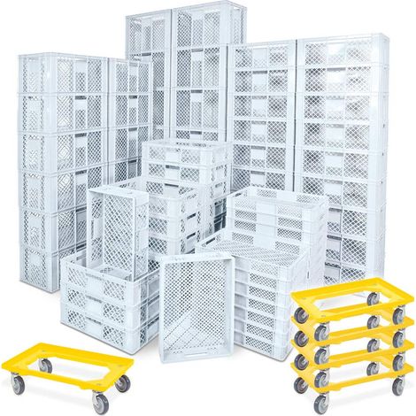 BRB 78 Stück Stapelkörbe/Bäckerkästen in 5 Größen, Grundmaß LxB 600x400 mm, H 90 mm, 150 mm, 240 mm, 320 mm, 410 mm, + 5x Transportroller gelb (weiß)