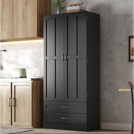 Meuble de cuisine haut 180x80x37,5 cm avec 3 étagères coulissantes, 2 tiroirs, MDF noir (1/5)