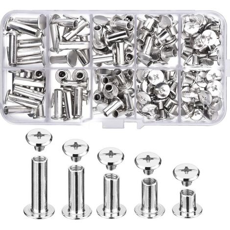 reno – Assortiment de 80 vis Chicago – 5 tailles en acier au carbone plaqué nickel – Pour reliure et décoration en cuir – Boîte de rangement incluse (1/3)